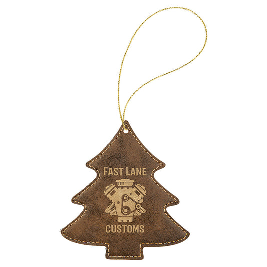 Personalized Laser Engraved Rustic/Gold  Leatherette Tree Ornament with Gold String