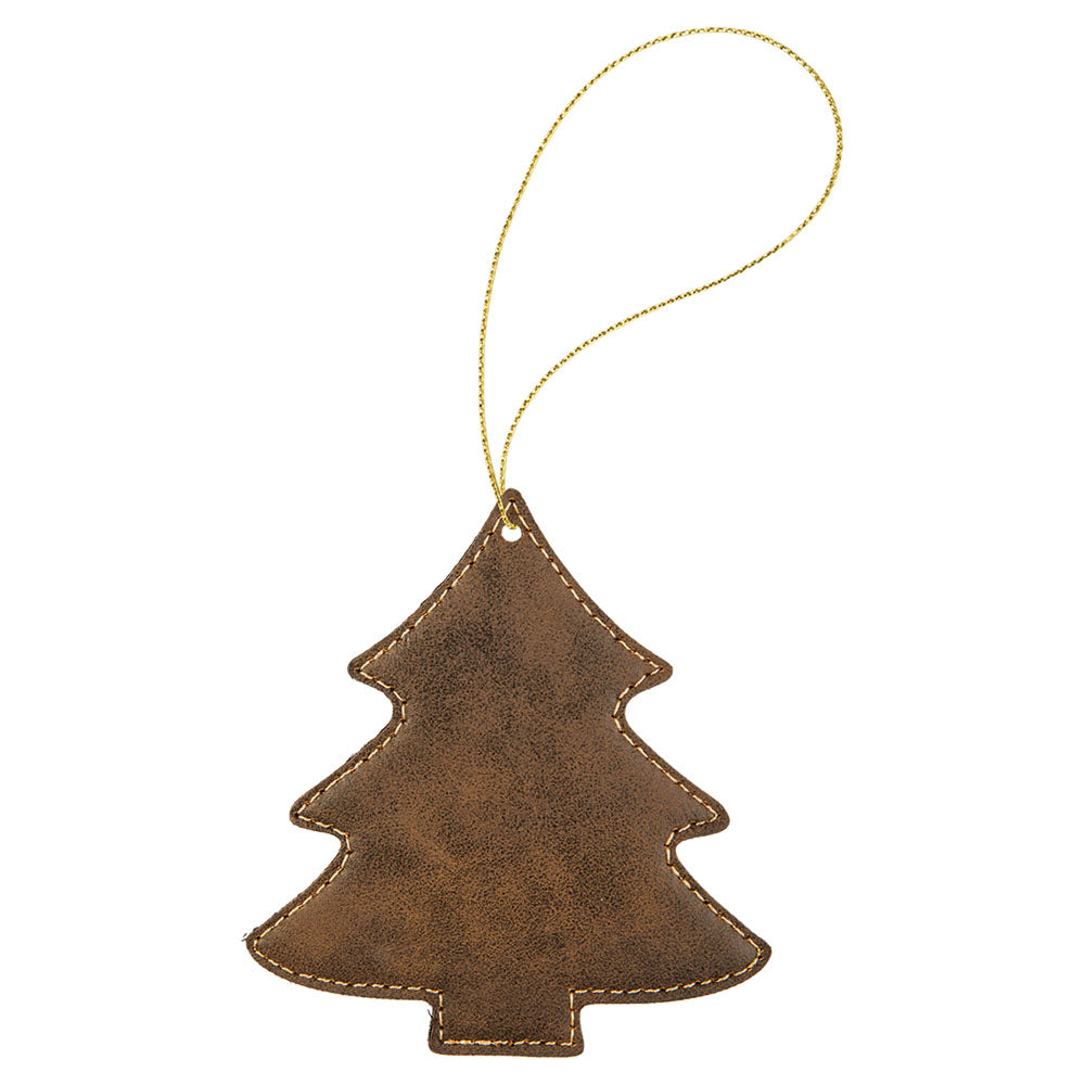 Personalized Laser Engraved Rustic/Gold  Leatherette Tree Ornament with Gold String