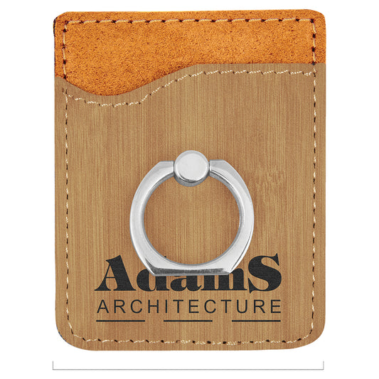 Personalized Laser Engraved Bamboo  Leatherette Phone Wallet with Silver Ring