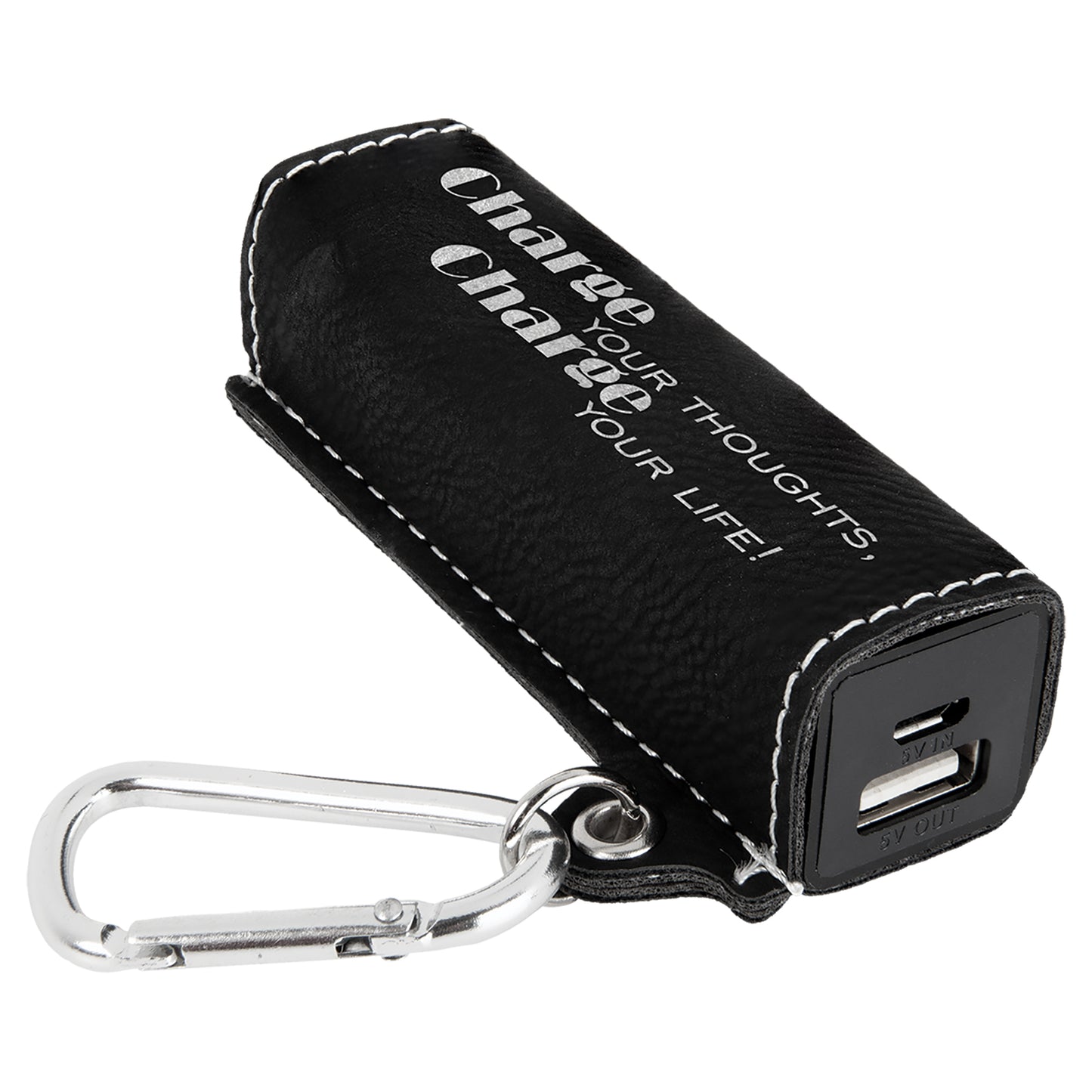  Personalized Laser Engraved Black/Silver Leatherette 2200 mAh Power Bank with USB Cord