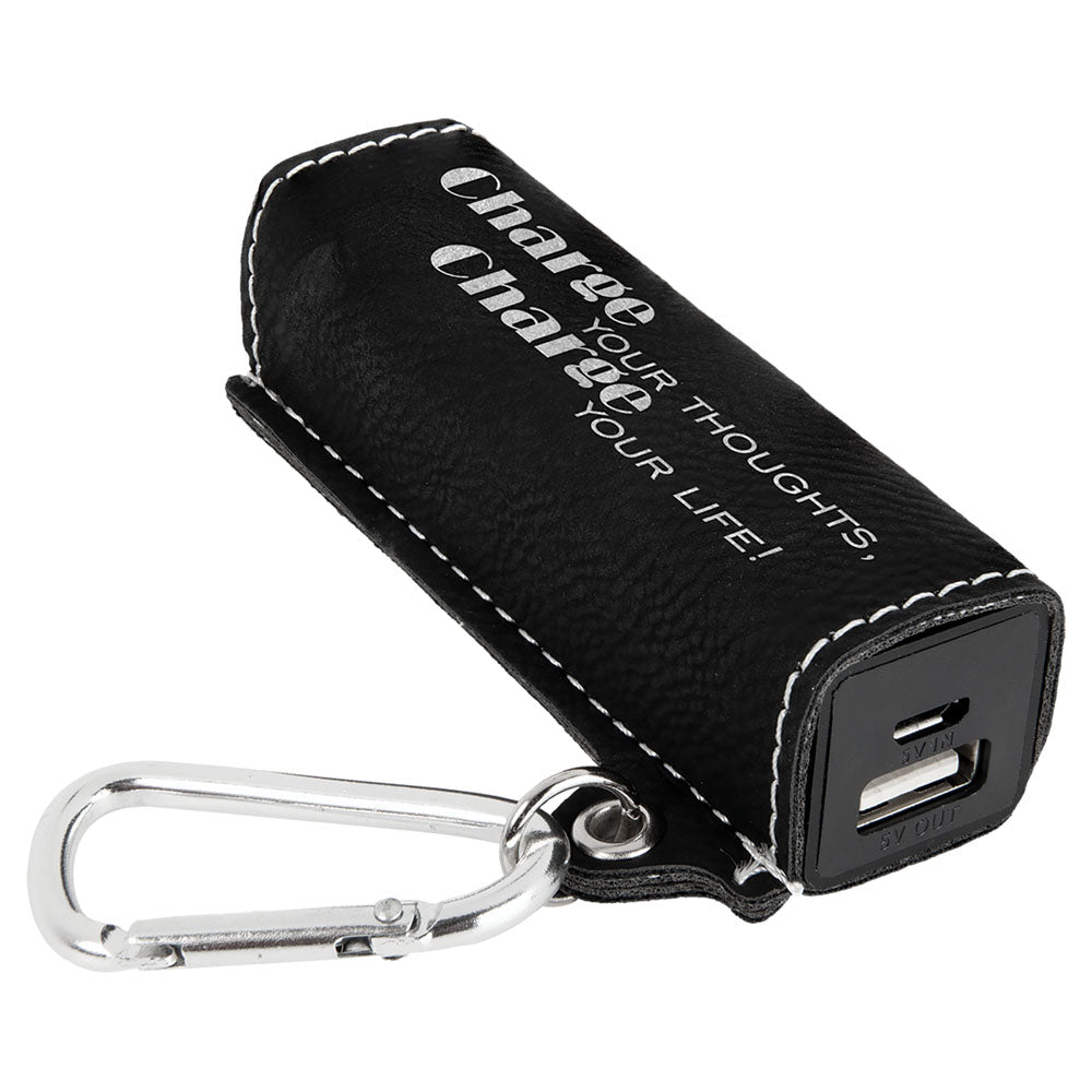 Personalized Laser Engraved Black/Silver  Leatherette 2200 mAh Power Bank with USB Cord