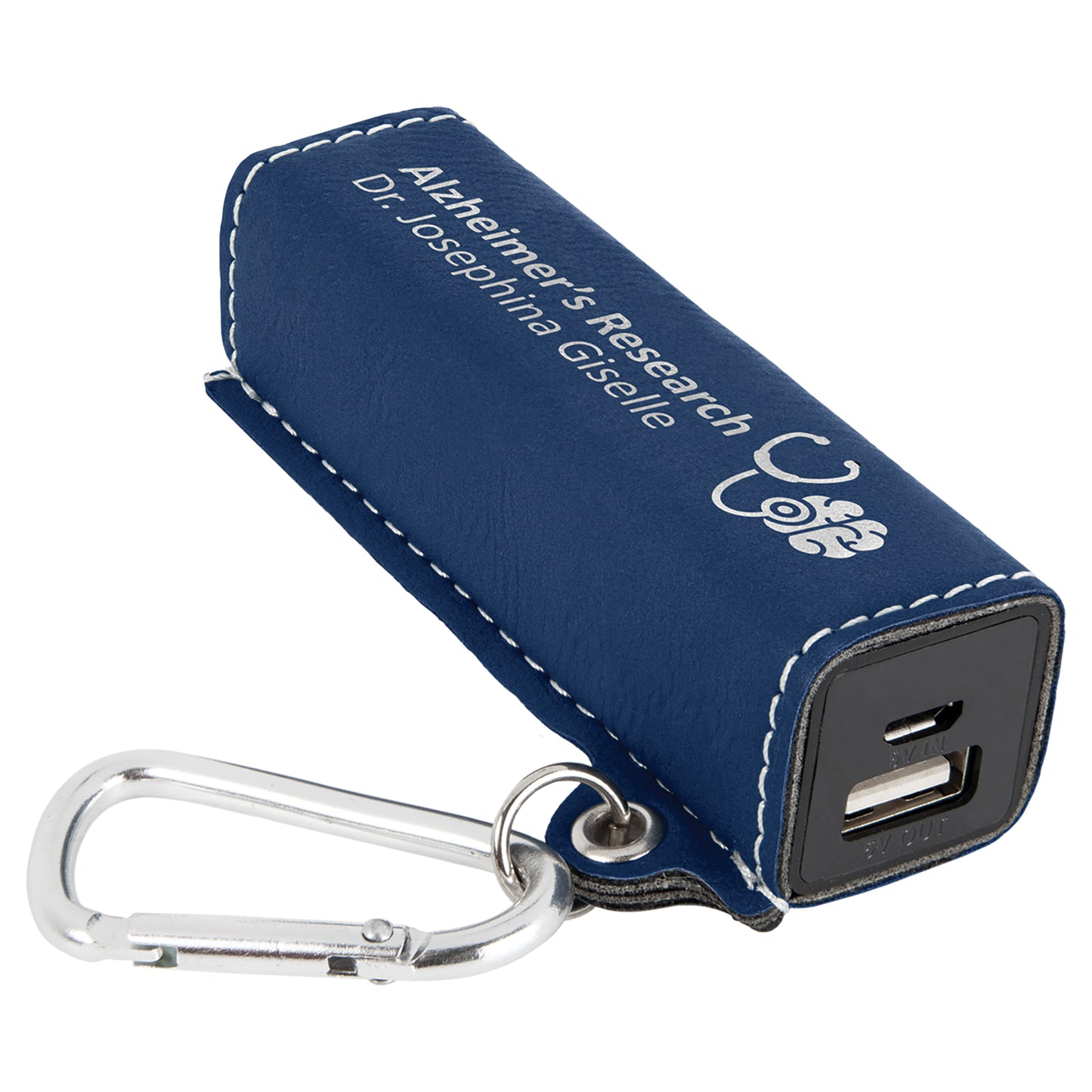  Personalized Laser Engraved Blue/Silver Leatherette 2200 mAh Power Bank with USB Cord