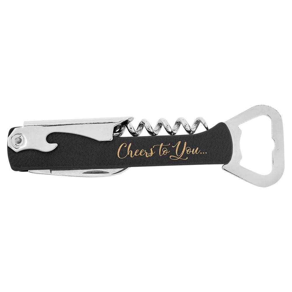 Personalized Laser Engraved Black/Gold  Leatherette Wine Bottle Opener