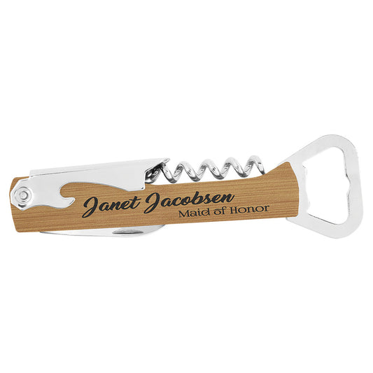 Personalized Laser Engraved Bamboo  Leatherette Wine Bottle Opener