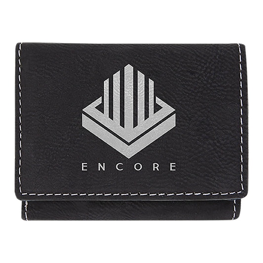 Personalized Laser Engraved 3" x 4" Black/Silver  Leatherette Trifold Wallet