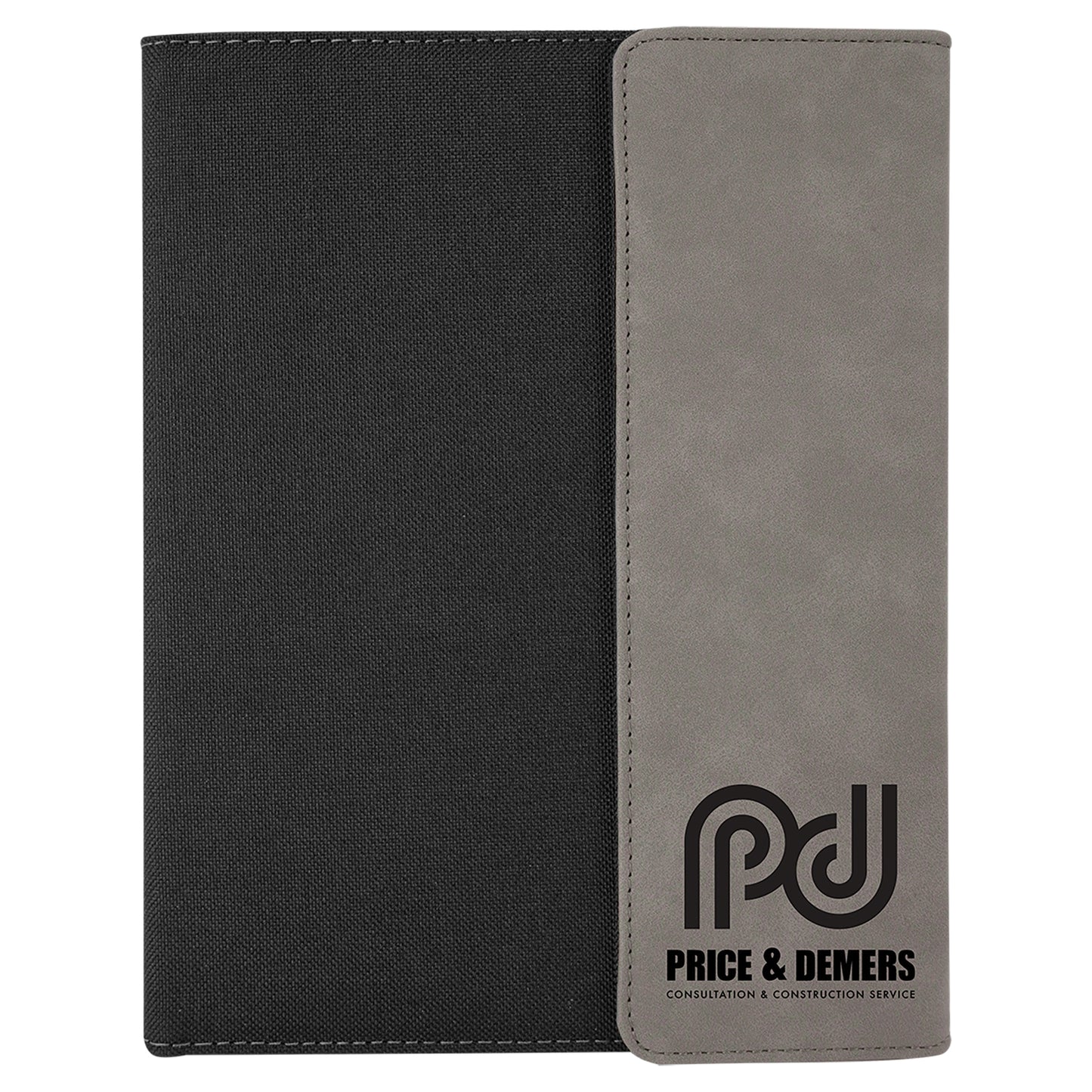  Personalized Laser Engraved 7" x 9" Gray Leatherette / Black Canvas Portfolio with Notepad