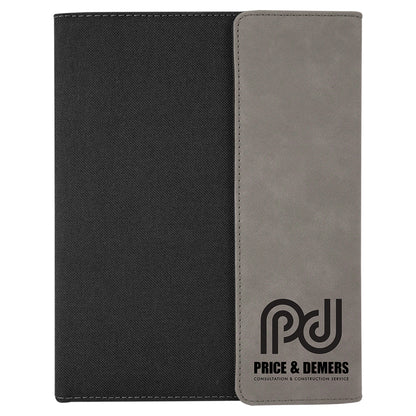  Personalized Laser Engraved 7" x 9" Gray Leatherette / Black Canvas Portfolio with Notepad