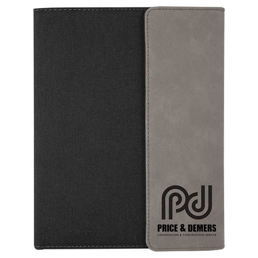  Personalized Laser Engraved 7" x 9" Gray Leatherette / Black Canvas Portfolio with Notepad