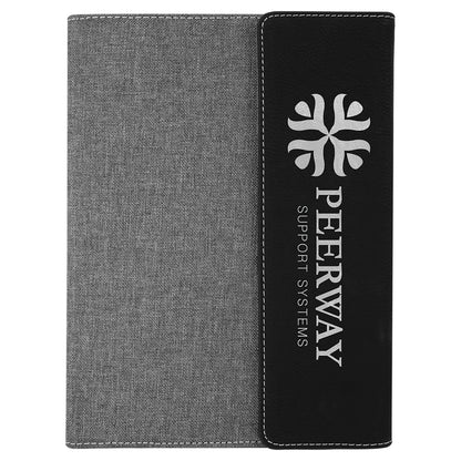  Personalized Laser Engraved 7" x 9" Black/Silver Leatherette /Gray Canvas Portfolio with Notepad