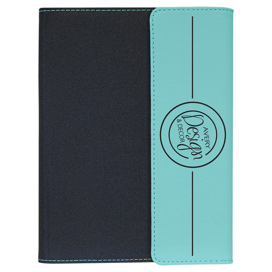  Personalized Laser Engraved 7" x 9" Teal Leatherette / Black Canvas Portfolio with Notepad