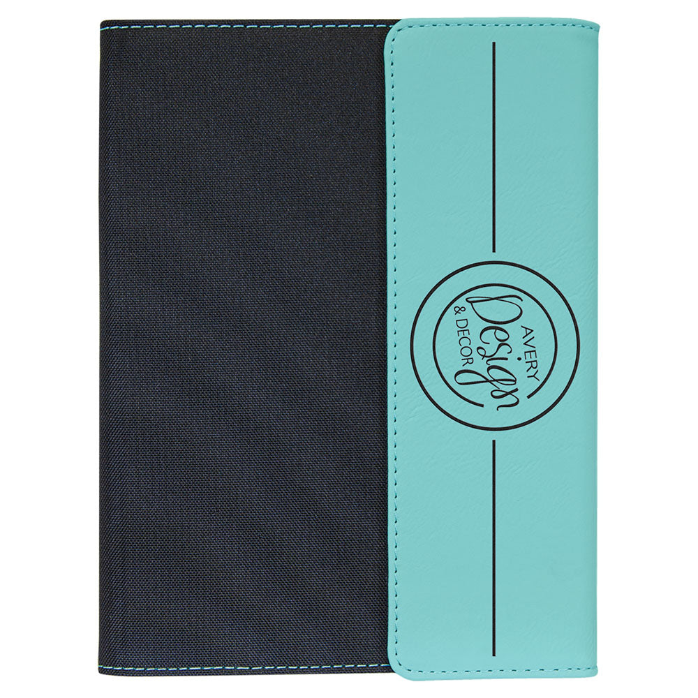 Personalized Laser Engraved 7" x 9" Teal Laserable Leatherette / Black Canvas Portfolio with Notepad