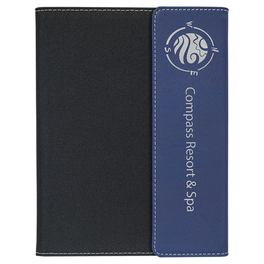 Personalized Laser Engraved 7" x 9" Blue/Silver Laserable Leatherette / Black Canvas Portfolio with Notepad