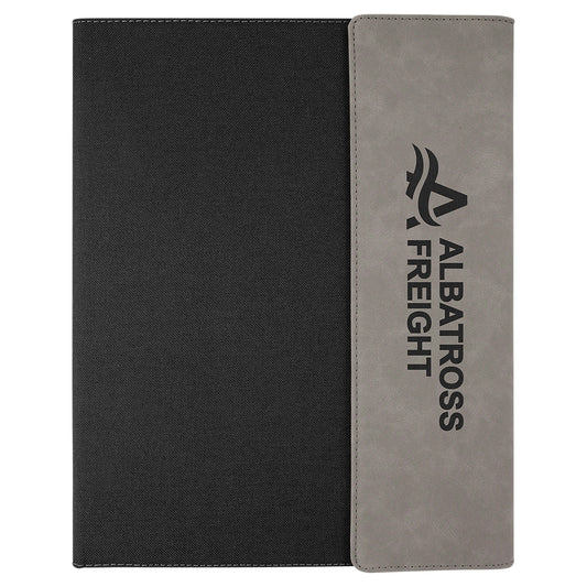  Personalized Laser Engraved 9 1/2" x 12" Gray Leatherette / Black Canvas Portfolio w / Notepad