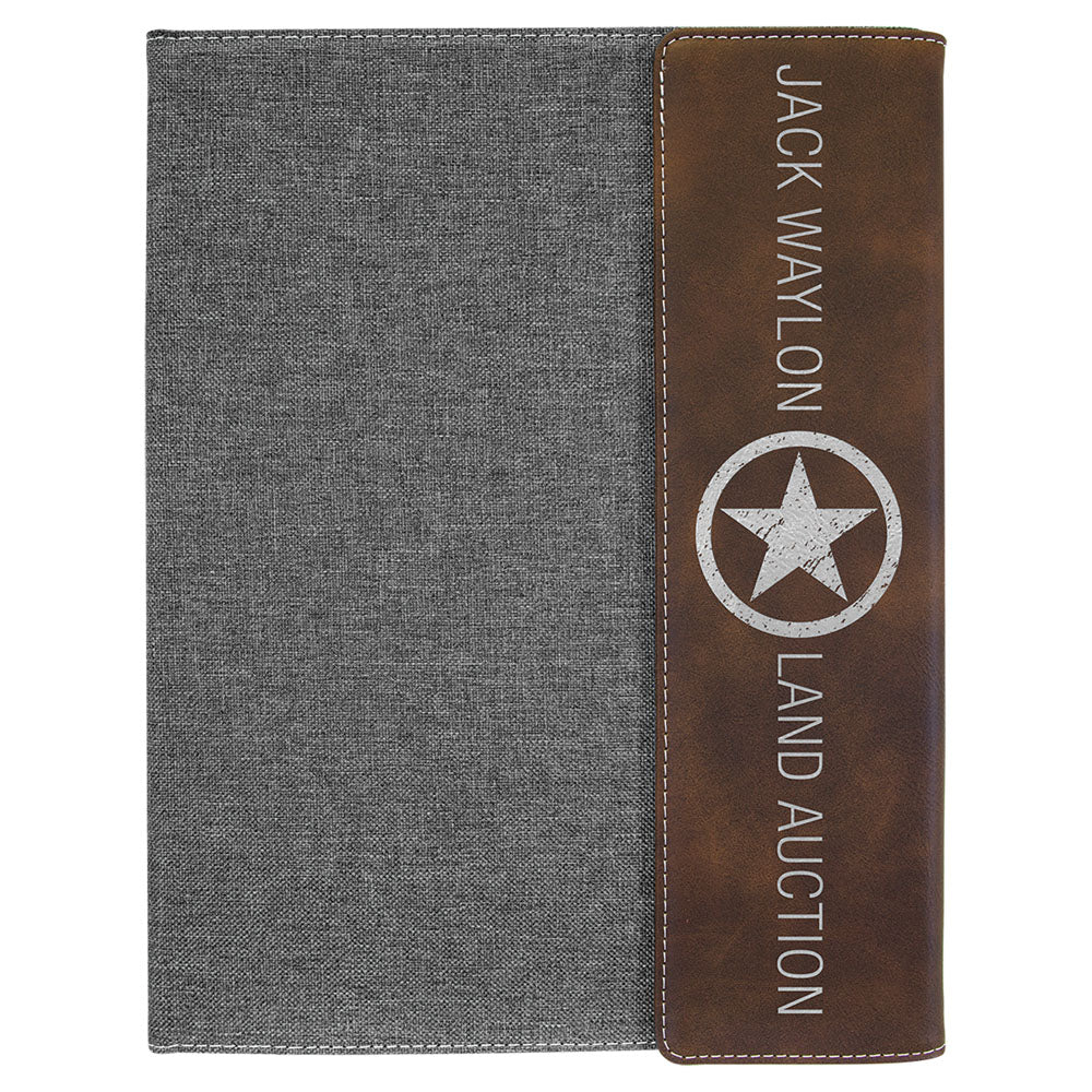 Personalized Laser Engraved 9 1/2"x12" Rustic/Silver  Leatherette/Gray Canvas Portfolio w/Notepad