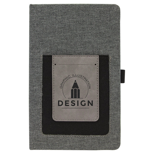 Personalized Laser Engraved 5 1/4" x 8 1/4" Gray w/Gray  Leatherette Journal with Cell/Card Slot