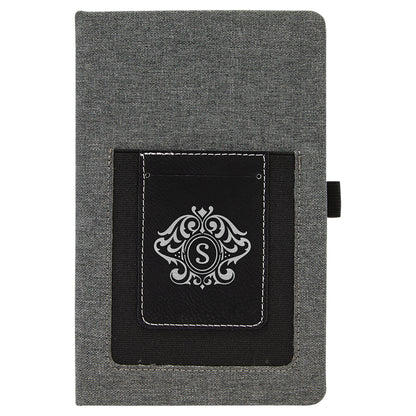  Personalized Laser Engraved 5 1/4" x 8 1/4" Gray w/Black Leatherette Journal with Cell/Card Slot