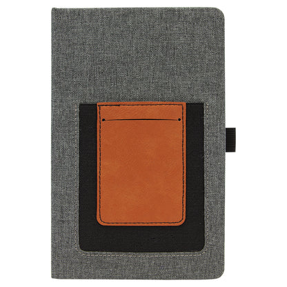 Personalized Laser Engraved 5 1/4" x 8 1/4" Gray w/Rawhide Leatherette Journal with Cell/Card Slot