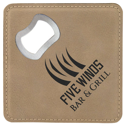 Personalized Laser Engraved 4" x 4" Square Light Brown  Leatherette Bottle Opener Coaster