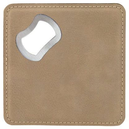 Personalized Laser Engraved 4" x 4" Square Light Brown  Leatherette Bottle Opener Coaster