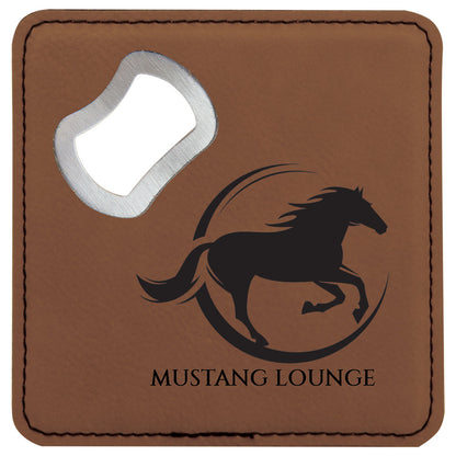 Personalized Laser Engraved 4" x 4" Square Dark Brown  Leatherette Bottle Opener Coaster