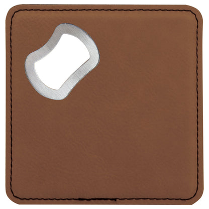 Personalized Laser Engraved 4" x 4" Square Dark Brown  Leatherette Bottle Opener Coaster