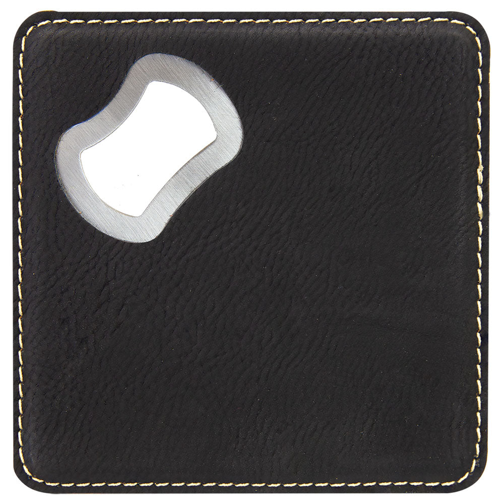 Personalized Laser Engraved 4" x 4" Square Black/Gold  Leatherette Bottle Opener Coaster