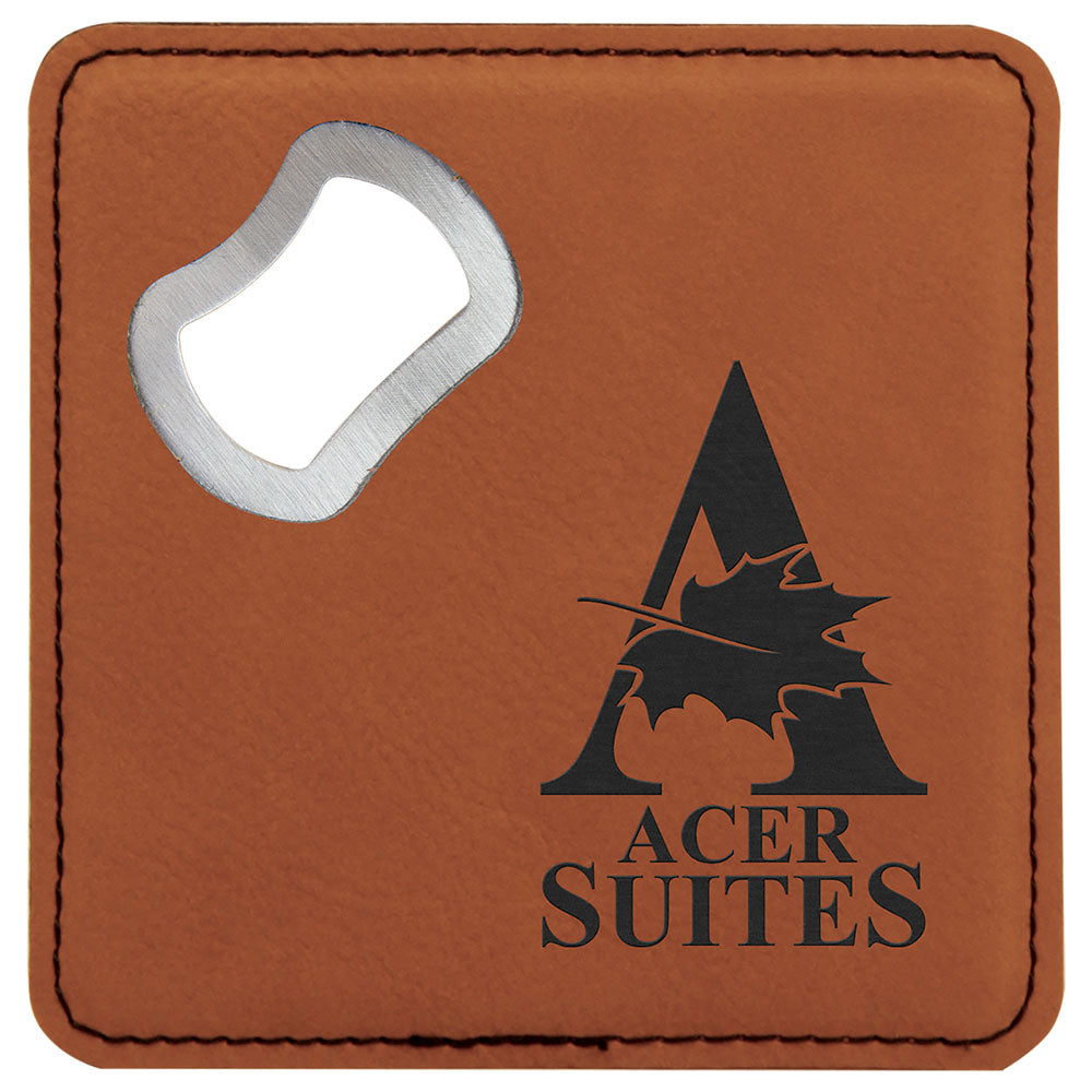 Personalized Laser Engraved 4" x 4" Square Rawhide  Leatherette Bottle Opener Coaster