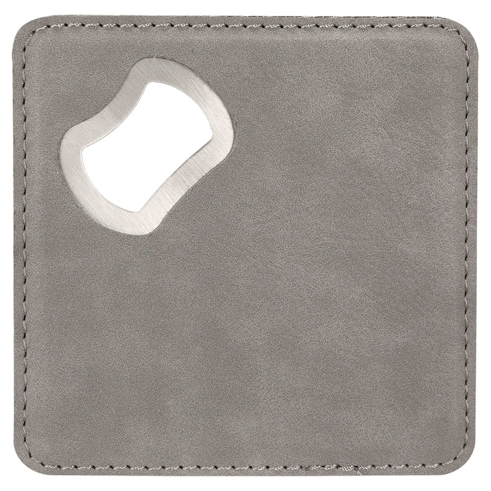 Personalized Laser Engraved 4" x 4" Square Gray  Leatherette Bottle Opener Coaster