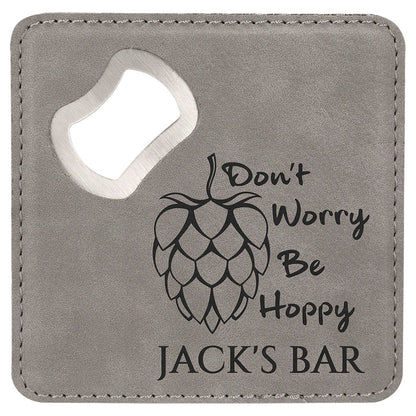 Personalized Laser Engraved 4" x 4" Square Gray  Leatherette Bottle Opener Coaster