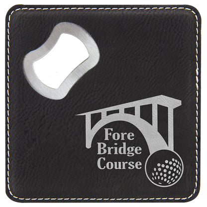 Personalized Laser Engraved 4" x 4" Square Black/Silver  Leatherette Coaster with Bottle Opener