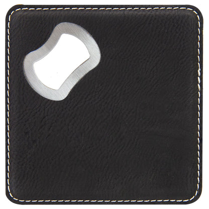 Personalized Laser Engraved 4" x 4" Square Black/Silver  Leatherette Coaster with Bottle Opener