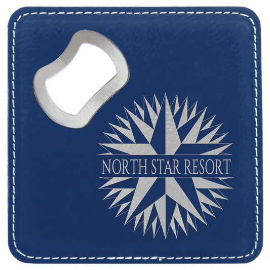 Personalized Laser Engraved 4" x 4" Square Blue/Silver  Leatherette Coaster with Bottle Opener