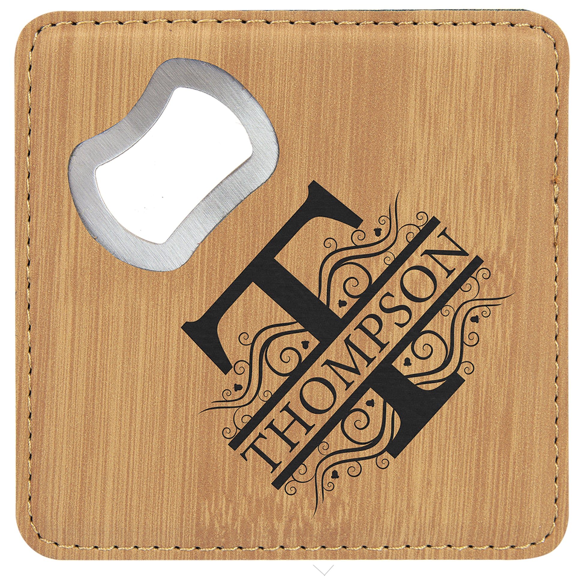  Personalized Laser Engraved 4" x 4" Square Bamboo Leatherette Coaster with Bottle Opener