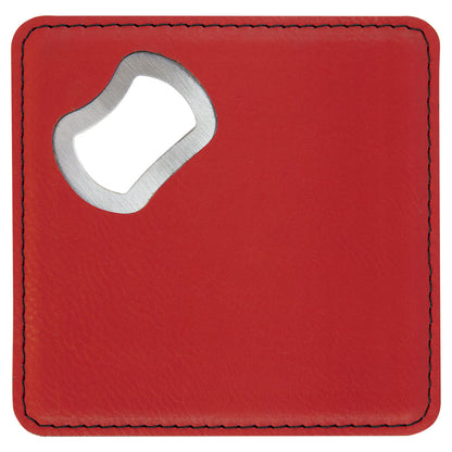 Personalized Laser Engraved 4" x 4" Square Red  Leatherette Bottle Opener Coaster