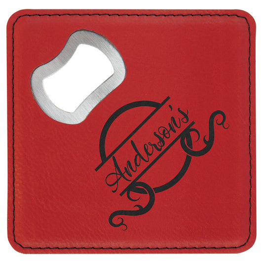 Personalized Laser Engraved 4" x 4" Square Red  Leatherette Bottle Opener Coaster