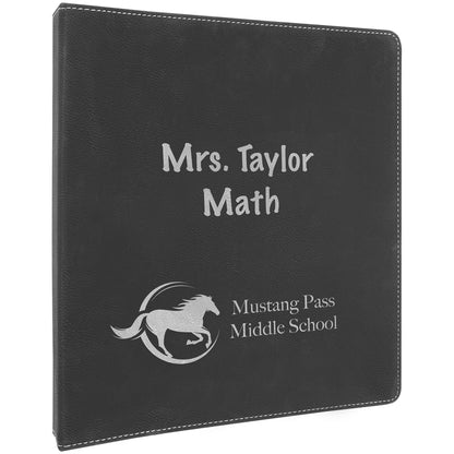  Personalized Laser Engraved 10 1/2"x11 1/2" Black/Silver Leatherette 3 Ring Binder w/1" Slant Ring