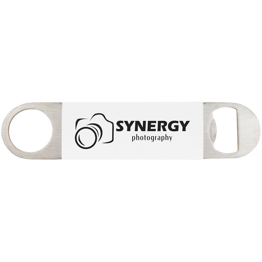 Personalized Laser Engraved 1 1/2" x 7" White/Black Bottle Opener with Silicone Grip