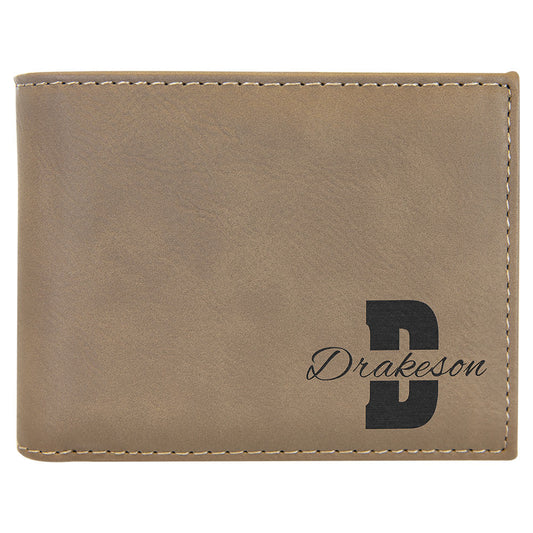 Personalized Laser Engraved Light Brown  Leatherette Bi-Fold Wallet w/Flip  ID Display