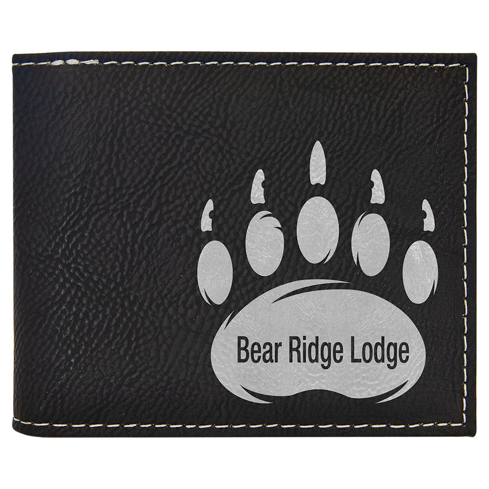 Personalized Laser Engraved Black/Silver  Leatherette Bi-Fold Wallet w/Flip  ID Display