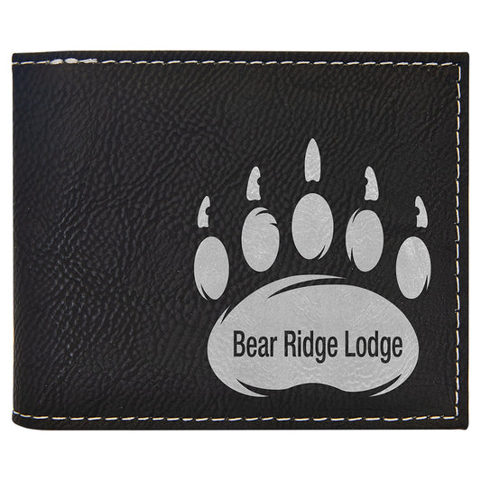 Personalized Laser Engraved Black/Silver  Leatherette Bi-Fold Wallet w/Flip  ID Display