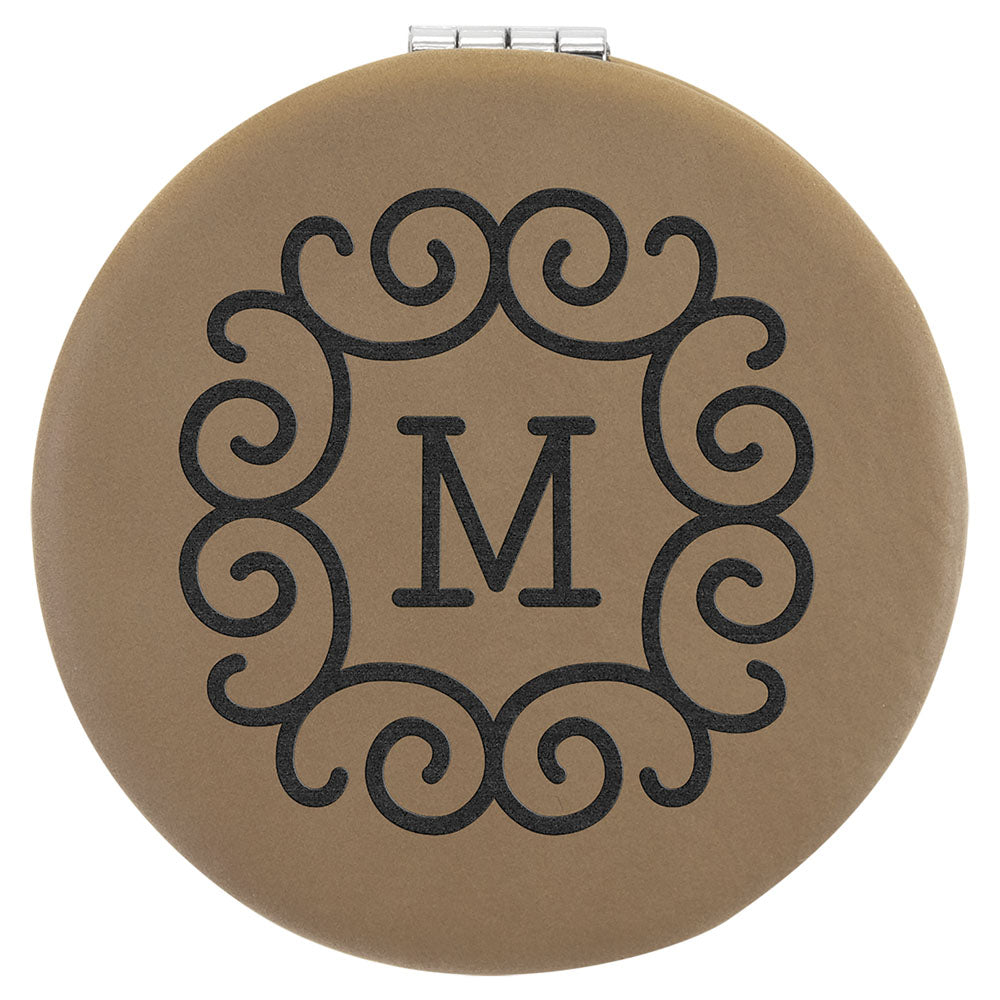 Personalized Laser Engraved 2 1/2" Light Brown  Leatherette Compact Mirror