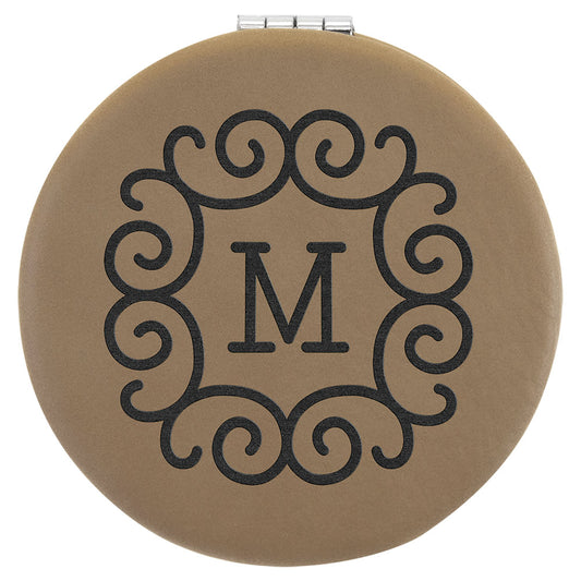 Personalized Laser Engraved 2 1/2" Light Brown  Leatherette Compact Mirror