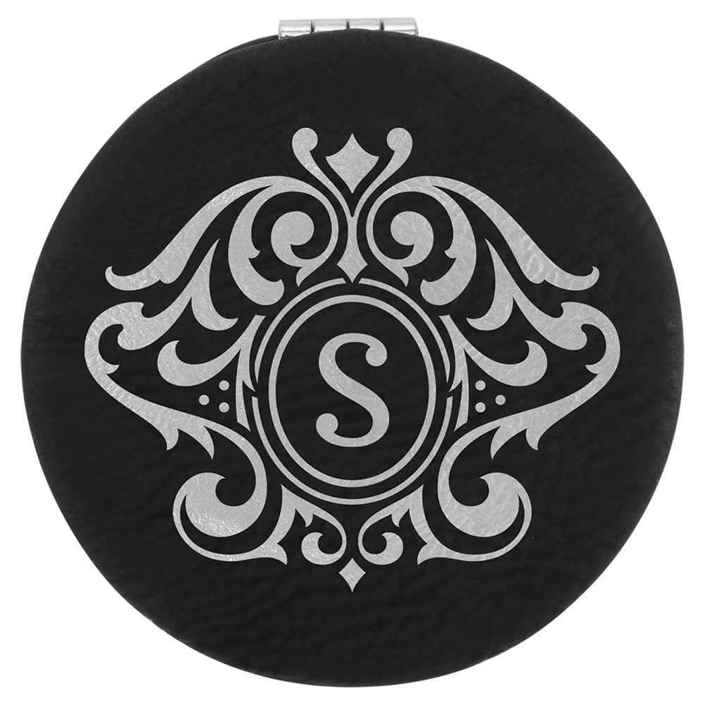 Personalized Laser Engraved 2 1/2" Black/Silver  Leatherette Compact Mirror