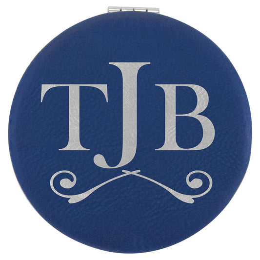 Personalized Laser Engraved 2 1/2" Blue/Silver  Leatherette Compact Mirror