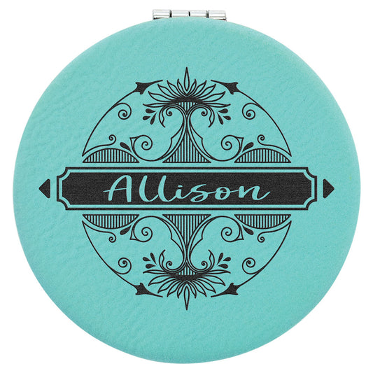 Personalized Laser Engraved 2 1/2" Teal  Leatherette Compact Mirror