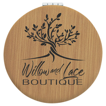 Personalized Laser Engraved 2 1/2" Bamboo  Leatherette Compact Mirror