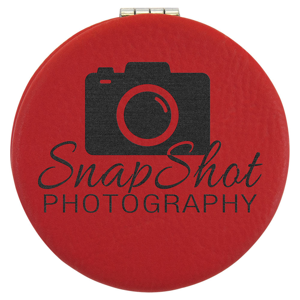 Personalized Laser Engraved 2 1/2" Red  Leatherette Compact Mirror