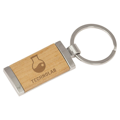 Personalized Laser Engraved 7/8" x 1 7/8" Silver/Wood  Rectangle Keychain