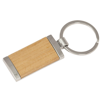 Personalized Laser Engraved 7/8" x 1 7/8" Silver/Wood  Rectangle Keychain