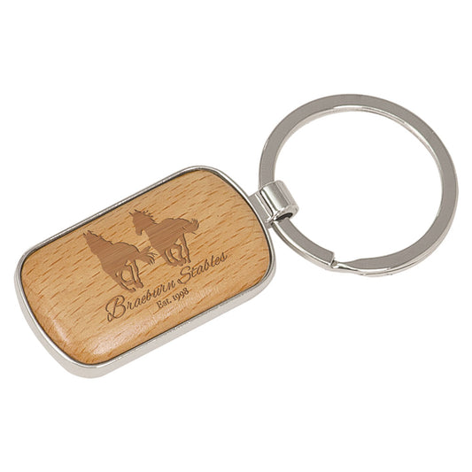 Personalized Laser Engraved 1" x 1 3/4" Silver/Wood  Rounded Corner Rectangle Keychain